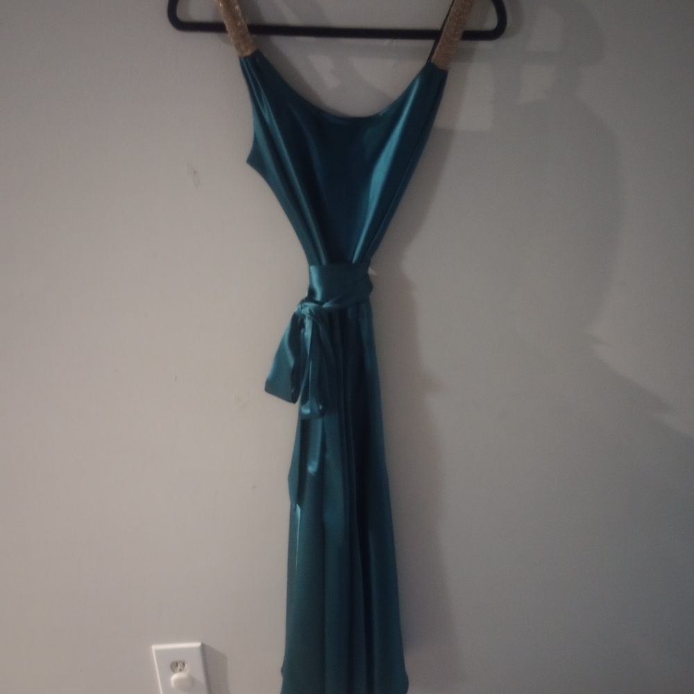 ABS Allen Schwartz Teal One Shoulder Dress
